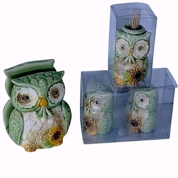 Owl Ceramic Kitchen Set Functional Hand Painted Art Green Yellow Sunflower 4 PC - Picture 2 of 15